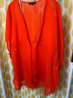 Club Z Collection Bright Red/Orange Sheer Pom-Pom Cover-Up